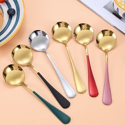 Premium Stainless Steel Soup Spoons: Korean Home Kitchen Ladle Set in Gold & Silver - Mirror Polished Flatware for Coffe
