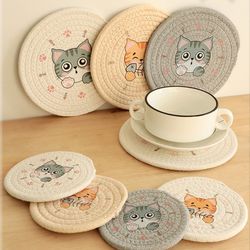 Cute Cat Pattern Coaster Set: Durable Table Pad Insulation Mat for Home Decoration - Kitchen Accessories