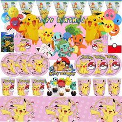 Pink Pokemon Birthday Party Decor: Kids Tableware, Balloons, Cake Toppers & Backdrop