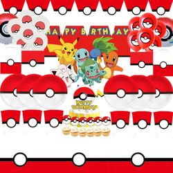 Pokeball Foil Balloons & Disposable Tableware: Pokemon Birthday Party Decorations for Boys