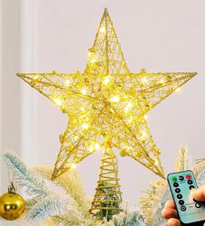 Iron Glitter Powder Christmas Tree Ornaments Top Stars with LED Light Lamp - Home Xmas Decorations
