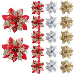 1/10pcs Christmas Tree Decoration Red Gold Bling Flower Heads Party Table Decor
