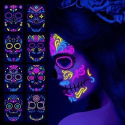 Sugar Skull Stickers: Uv Glow Neon Temporary Tattoos For Halloween Decor - Day Of The Dead Full Face Makeup Decoration