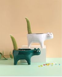 Cute Cat Ceramic Garden Flower Pot for Succulents - Adorable Animal Design Planter for Tabletop Decoration