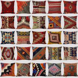 Multicolor Bohemian Patterns Linen Cushion Cases - Abstract Ethnic Geometry Prints for Living Room Sofa Pillows