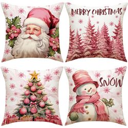 Pink Christmas Tree Pillow Cover - Santa Claus Print | New Year Home Decor