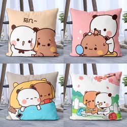 Panda Bubu & Dudu Print Throw Pillow: Cute Cartoon Square Cushion for Sofa & Bedroom