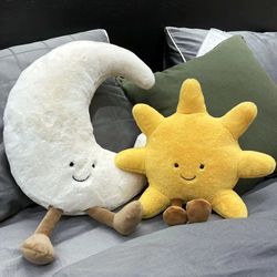 White Moon and Yellow Sun Plushie: Cute Cartoon Weather Toy for Kids' Bedroom Decor