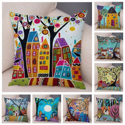 45x45cm Retro Rural Color Cities Cushion Cover - Colorful Cartoon House Pillow Case for Home, Sofa, Car Decor