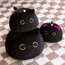 25cm Round Black Cat Plush Pillow Toy - Soft Stuffed Cartoon Animal Doll for Kids - Christmas & Birthday Gift