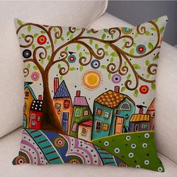 Colorful Retro Rural Cities Cushion Cover: 45x45cm, Home Sofa Car Decor