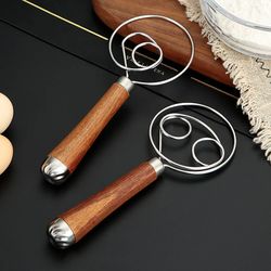 Danish Dough Whisk with Wooden Handle - Double-Holed Mixing Rods for Baking
