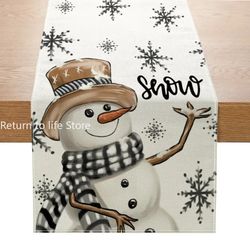 Linen Christmas Table Runner: Snowman Xmas Tree Dining Table Cover - 2023 Navidad Noel Decorations