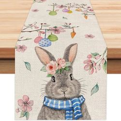 Easter Linen Table Runners: Spring Rabbit, Colorful Eggs, Tulip - Farmhouse Dining & Party Decor