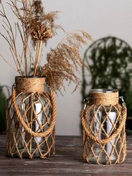 Rustic Glass Vase Rope Net Dry Flower Holder with Hemp Rope - Home Living Room Table Decor