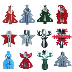 Santa Claus Xmas Tree Snowflake Table Decorations - Christmas Cutlery Bag Holder for Party Supplies