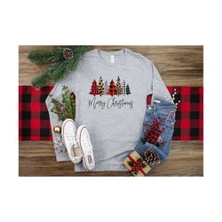 Merry Christmas Long Sleeves Shirt, plaid leopard cheetah Santa, Womens Christmas trees , Christmas Gift for Wife, buffa