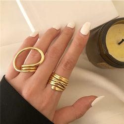 Gold and Silver Geometric Rings Set: Exaggerated Lines for Women's Minimalist Party Jewelry