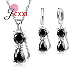 Romantic Silver Cat Jewelry Set with Austrian Crystal | Fast Shipping for Women's Engagement