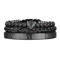 Handmade Braiding Bracelet Set: Hip Hop Men's CZ Leopard Head & Roman Numeral Stainless Steel Jewelry