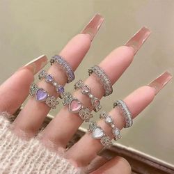 Y2K Pink Crystal Heart Rings for Women - Fashionable Zircon Opening Finger Ring for Sweet Girls - Kpop-Inspired Party Je