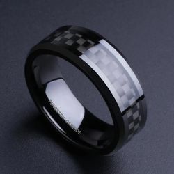Men's 8MM Tungsten Carbide Wedding Band with Black Carbon Fiber Inlay - Silver Color, Size 6-13