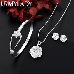 925 Sterling Silver Flower Jewelry Set: Charm Necklace, Earrings & Bangle for Women - Retro Wedding Gift | TRENDY & Love