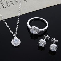 925 Sterling Silver Christmas Jewelry Set: Elegant, Shiny CZ Necklace, Earring & Ring for Women - Noble Fashion Gift