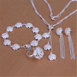 Romantic Rose Flower Jewelry Set in 925 Sterling Silver for Women - Rings, Bracelets, Necklaces, Stud Earrings: Perfect