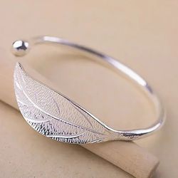 open leaf design 925 sterling silver cuff bracelet: adjustable charm bangle for women - elegant christmas gift for girls