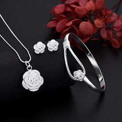 Retro 925 Sterling Silver Charm Jewelry Set: Flower Necklace, Earrings & Bangle - Ideal Wedding Gift for Trendy Women