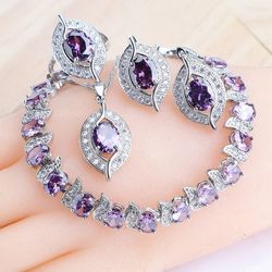 Purple Zircon 925 Sterling Silver Jewelry Set: Bridal Earrings, Bracelets, Necklace, and Ring Pendant for Women - Weddin