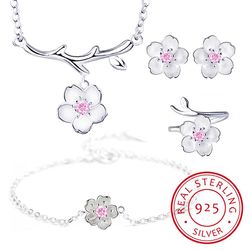Romantic Cherry Blossom 925 Sterling Silver Jewelry Set: Necklace, Earrings, Ring, and Bracelet - Perfect Women's Gift