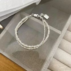 vintage luxury 925 sterling silver double layer pearl bracelet for women & girls - elegant korean charm jewelry design