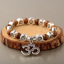 Handcrafted Natural Wood Bead Bracelets with Om Pendant for Women and Men - Yoga Meditation Prayer Jewelry