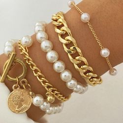 New Vintage Boho Fashion Bracelets: Geometric Pearl & Human Head Coin Pendant in Gold Color - Stylish Jewelry Gift for W