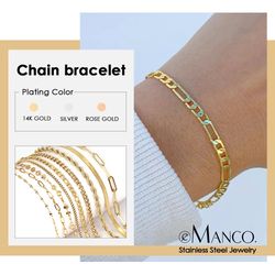 emanco figaro link chain bracelet: gold stainless steel charm bracelet for women & men - stylish jewelry gift