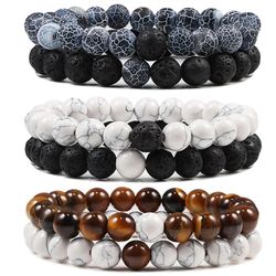 Couples Distance Bracelet Set: Black & White Lava Stone with Tiger Eye Beads, Elastic Yoga Jewelry for Men and Women