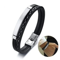 2021 Delysia King Men's Trendy Leather Weave Bracelet: Color-Contrast Stainless Steel Bangle for Leisure