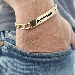 Handcrafted Leather Bangle with Custom Engraved Name | Personalized Stainless Steel Men's ID Bracelet Gift