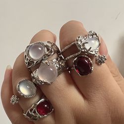 Y2K Aesthetic Vintage Silver Red Oval Ring: Trendy Irregular Stone Luxury Jewelry Gift for Women