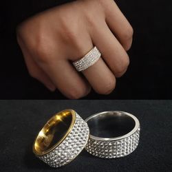 Sparkling 8mm Wide Five-Row Rhinestone Rings in Stainless Steel: Gold & Silver Shades for Women & Men - Perfect Hiphop F