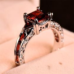 Stunning Silver Princess Cut Red Stone Rings: Perfect Women's Engagement & Wedding Jewelry