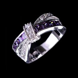 Stunning Wedding Party Ring: White Gold 925 Plated Silver, Purple Crystal - LR050