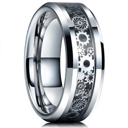 Steampunk Vintage Silver Gear Wheel Stainless Steel Men's Ring with Celtic Dragon Inlay - Wedding Band