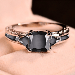 Princess Cut Silver Ring with Black Zircon Stones: Elegant Women's Wedding & Engagement Jewelry