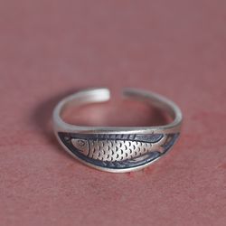 Bohemian Adjustable Fish Retro Ring - 925 Sterling Silver, Geometric Design, Perfect for Party or Birthday Gift