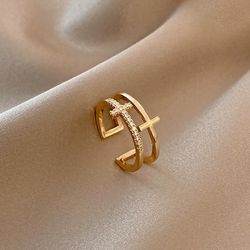 Double-Layer Cross Zircon Ring: Adjustable Gold & Silver Tone | Elegant Korean Jewelry Gift for Women