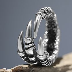 Adjustable Stainless Steel Vintage Silver Dragon Claw Ring - Unique Tibetan Eagle Design for Men & Women - Punk Jewelry
