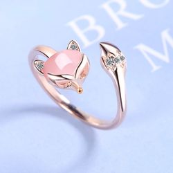 Rose Gold Fox Ring: High-Quality Crystal Zircon & Agate, 925 Sterling Silver | Adjustable Jewelry for Women | Ideal Gift